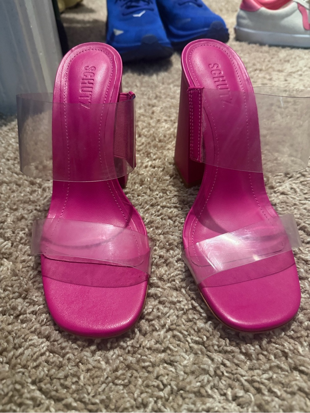 SCHUTZ Hot Pink Clear-Strap Block Heel Sandals